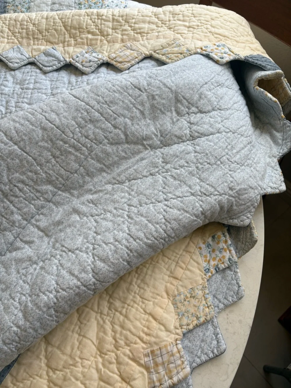 Classic Quilted Bedspread in Cream and Light Blue Handmade Vintage